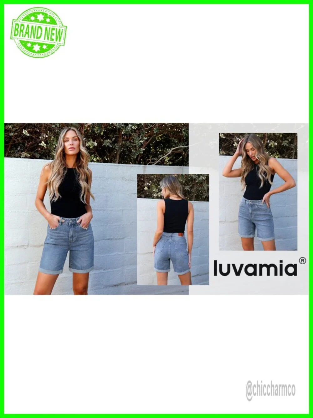 High Waisted Fold Hem Denim Shorts 7 Inch Inseam Stretchy Long Shorts - Picture 6 of 6